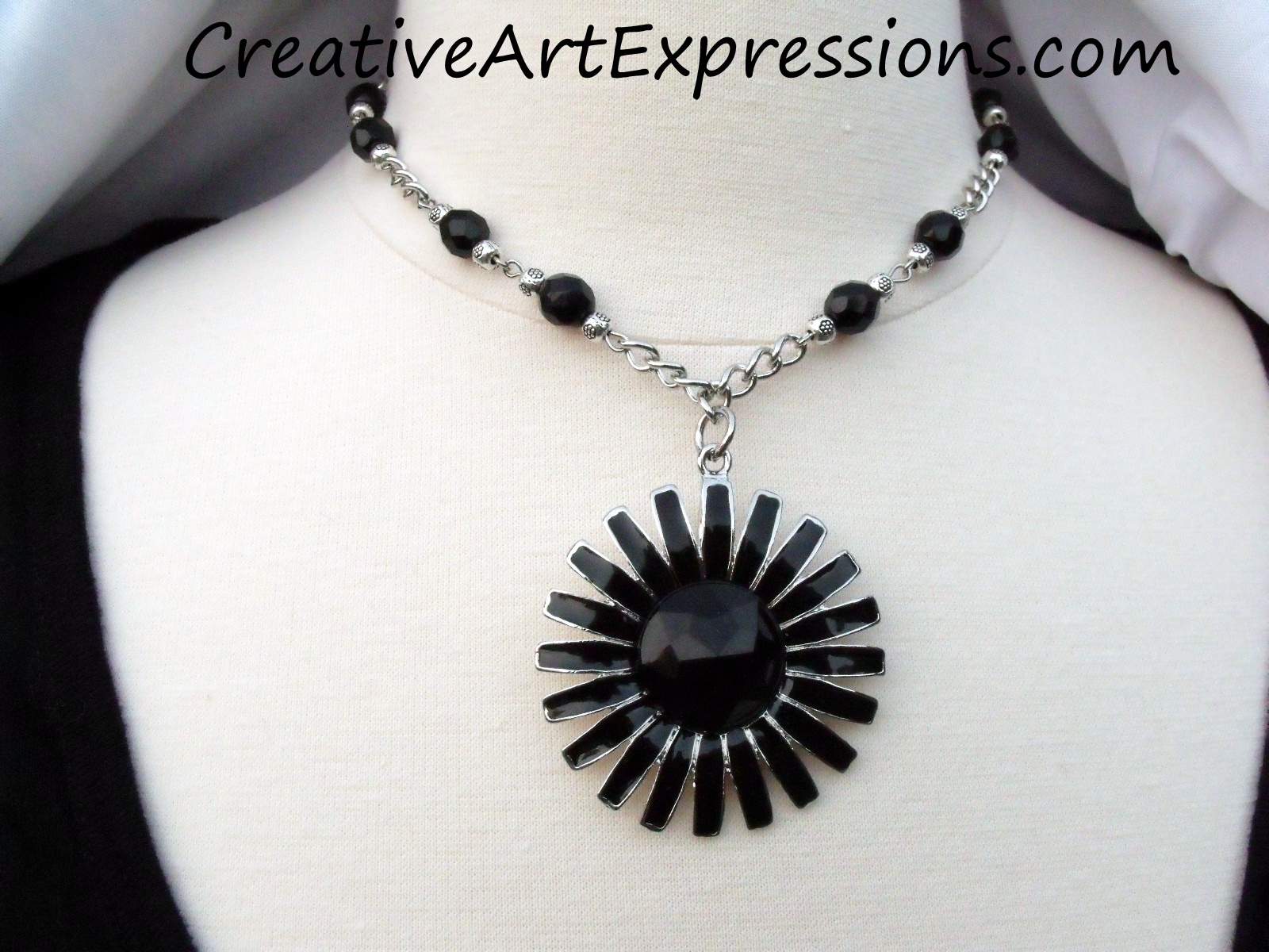 Creative Art Expressions Handmade Black & Silver Zinnia Necklace Jewelry Design